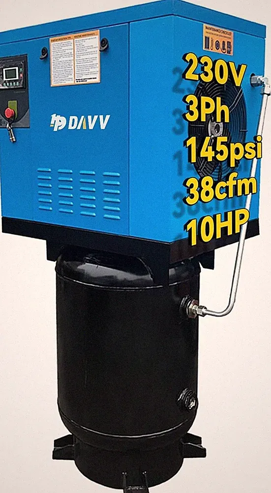 10HP 3 Phase Rotary Screw Air Compressor 230V 39 cfm with 60 Gallon ASME Tank